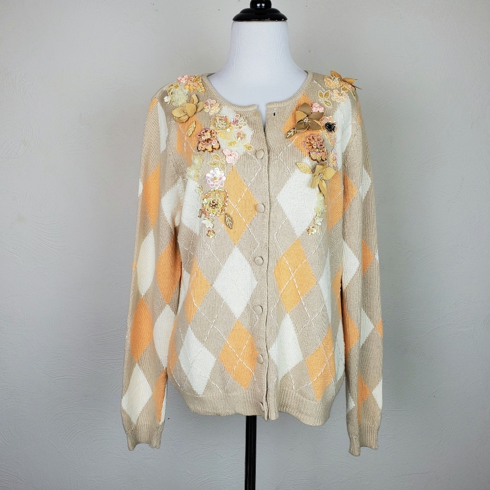 Victor Costa Occasion Sweater Argyle Beaded Floral Embellished Grandmacore
